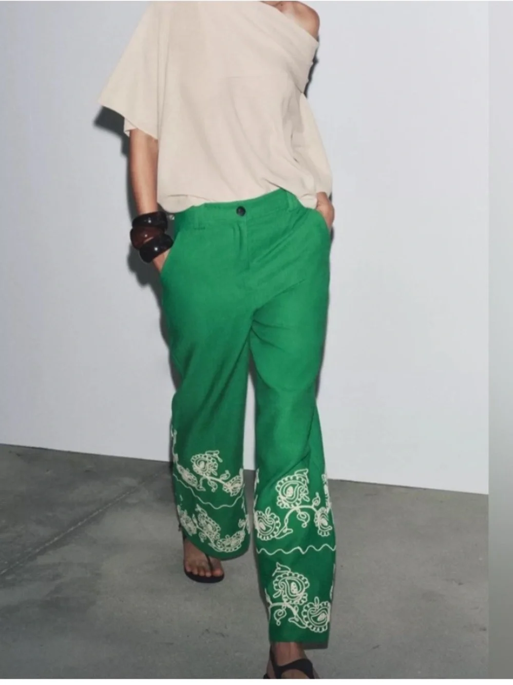 NWT! Zara Emerald Green Embroidered Wide Leg Linen Blend Trousers Pants - Size S